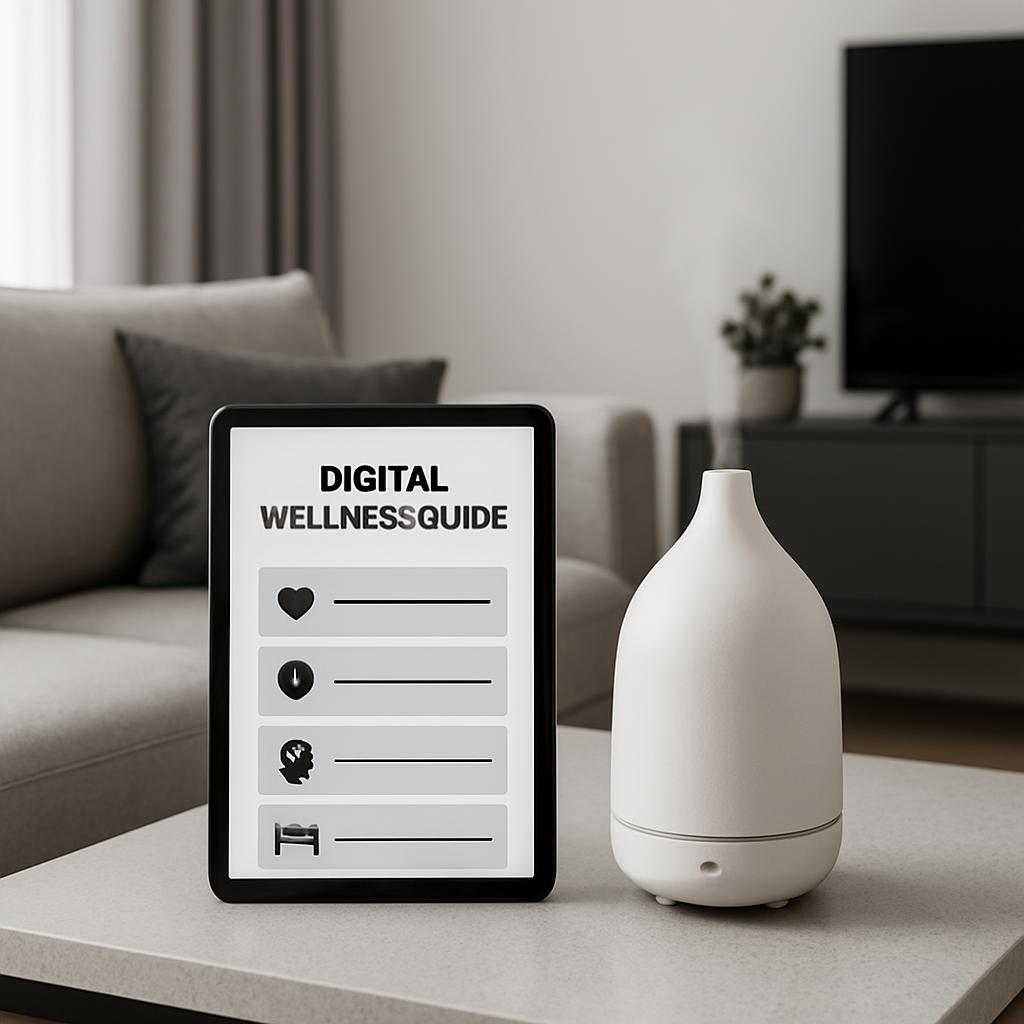 digital wellness guide page by a health monitor and diffuser in a modern living room.