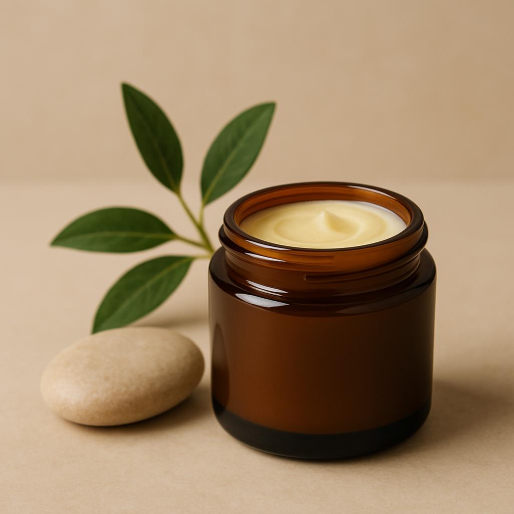 Close-up shot of an amber glass jar filled with a creamy white substance, accompanied by a small beige stone and a sprig o...
